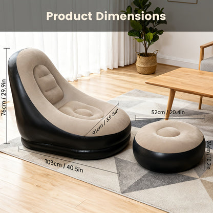 Inflatable Sofa Set 2 Piece Adult Recliner Lounge Chair with Footstool Plush Fabric Heavy Duty Portable Folding Air Couch with Pump Indoor Outdoor Camping Beach Living Room Patio