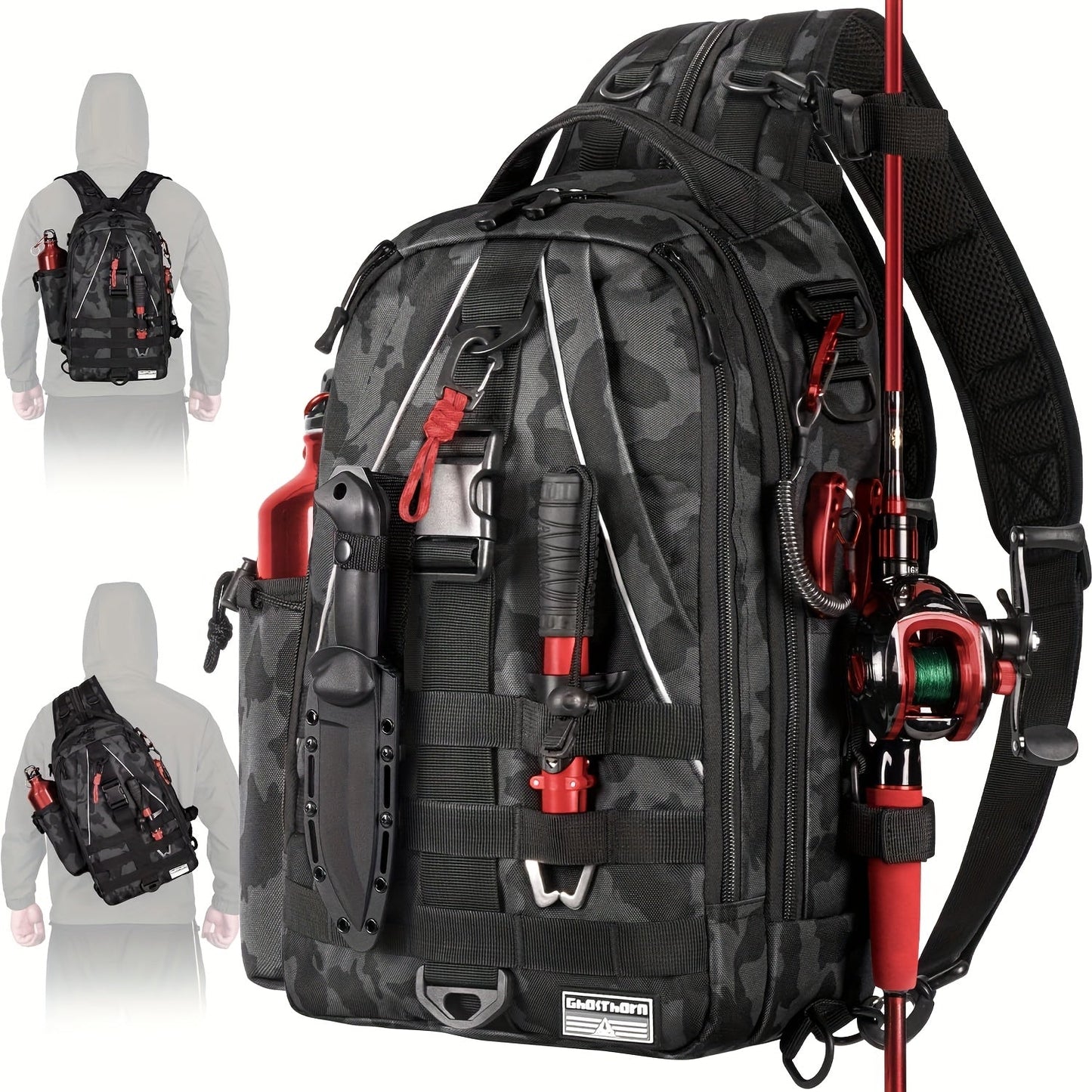 Fishing Backpack Tackle Sling Bag with Rod Holder – Waterproof Hiking Daypack Fly Fishing Bag for Men Women, Tackle Box Storage, Gift for Fisherman Dad