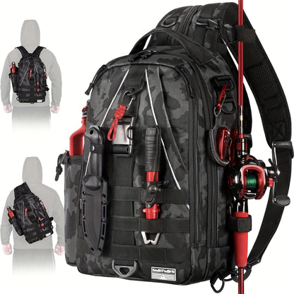 Fishing Backpack Tackle Sling Bag with Rod Holder – Waterproof Hiking Daypack Fly Fishing Bag for Men Women, Tackle Box Storage, Gift for Fisherman Dad