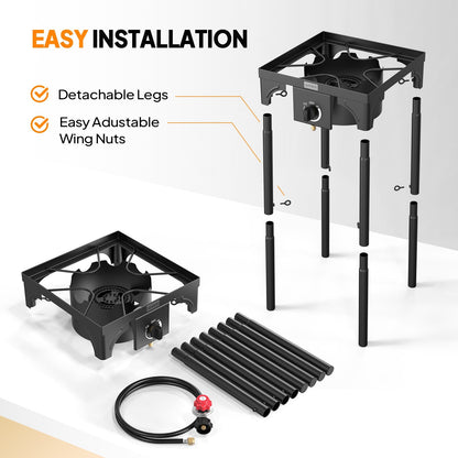 High Pressure Propane Burner Stove 100,000-225,000 BTU - Heavy Duty Cast Iron Outdoor Camp Cooker with Detachable Legs, CSA Listed Regulator, 1 or 3 Burner for Camping, Tailgating & Brewing