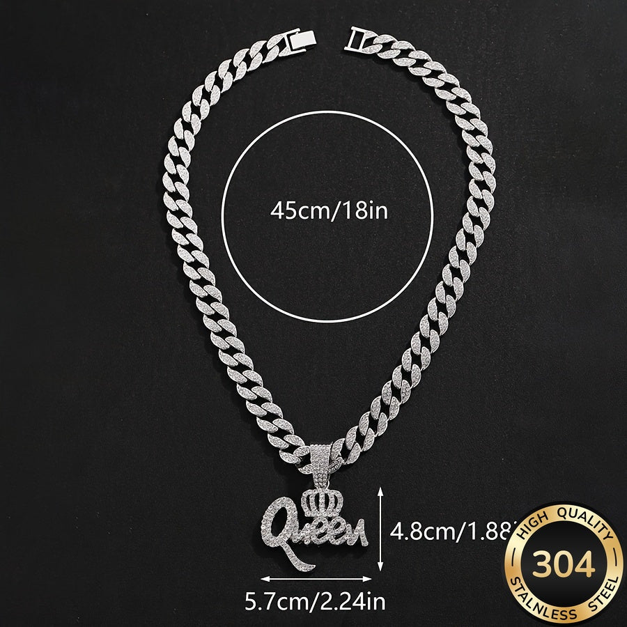 Hip Hop Queen Crown CZ Pendant Necklace for Women – Shiny Synthetic Zirconia Statement Jewelry, Bold Bling Necklace Gift for Ladies, Birthday, Valentine's Day & Special Occasions
