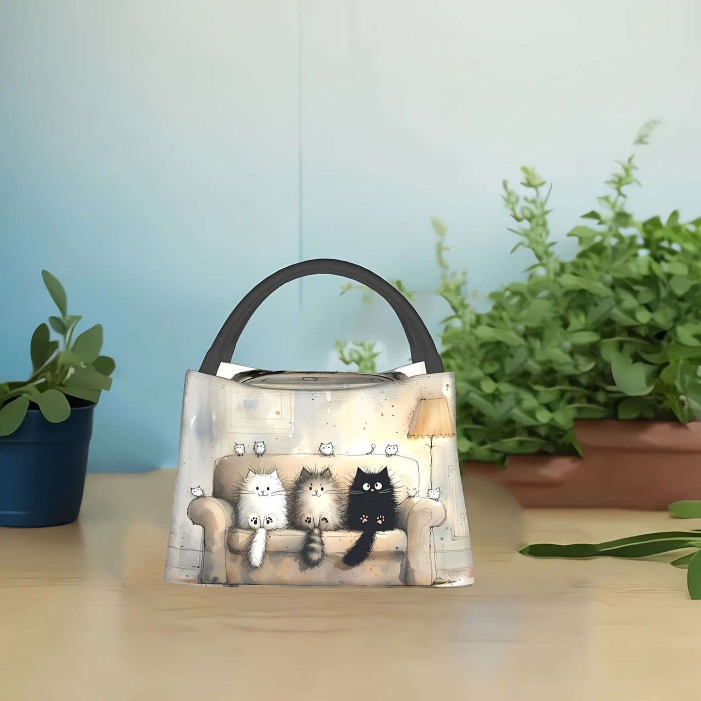 Insulated Lunch Tote Bag with Cute Cat Design – Reusable Polyester Cooler Bag with Zipper Closure, Portable & Easy to Clean, Ideal for Work, Picnics, Beach, Hiking & Everyday On-the-Go Meals