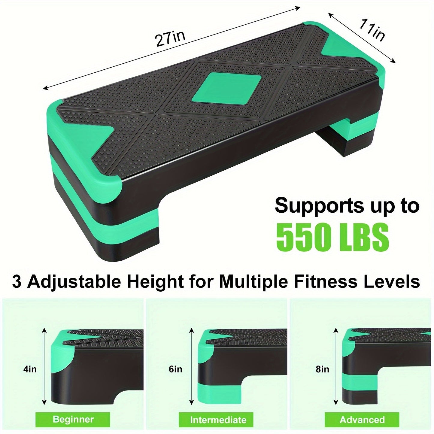 Adjustable Aerobic Step Platform – 3 Height Settings (4"/6"/8"), Non-Slip Workout Stepper for Home Gym Cardio Training, Step Aerobics Exercise Board (6 Colors)