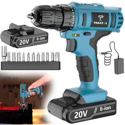 20V Cordless Drill Set with Battery & Fast Charger – Impact Power Drill, 45Nm Torque, 3/8" Keyless Chuck, 18+3 Clutch, 2-Speed, LED Work Light for Home & DIY