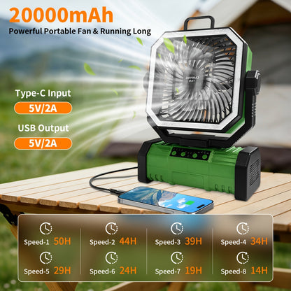 20000mAh Portable Camping Fan with Remote Control, LED Lights, 4 Speeds & 360° Rotation – Rechargeable Battery Operated Oscillating Tent Fan for Outdoor Camping, RV & Travel