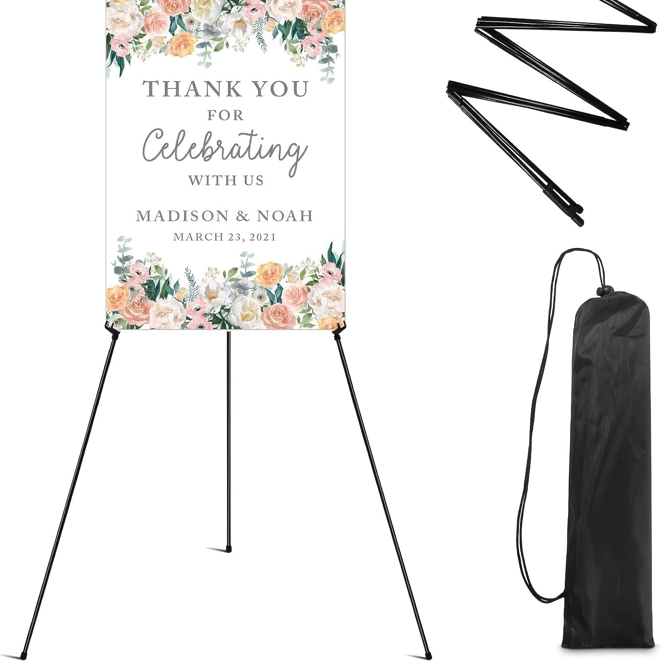 63 Inch Portable Floor Easel Stand Metal Tripod with Carry Bag Wedding Sign Poster Display Quick Assembly Black Gold 1 or 2 Pack