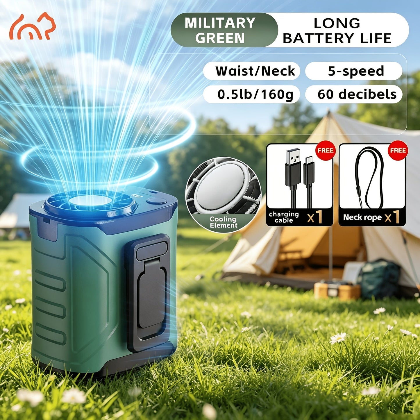 Portable Neck & Waist Fan 18000RPM Brushless Motor – 199-Speed Adjustment, 5000mAh Battery, LED Power Display, Hands-Free Wearable Cooling Fan for Outdoor Work, Camping, Fishing, Hiking & Travel