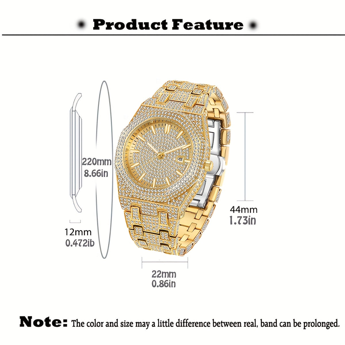 MISS FOX Glam Quartz Watch – Hip Hop Cuban Link, Rhinestone Accents, Luminous Calendar, Alloy Band, Unisex Luxury Fashion Watch for Men & Women, Silver & Gold