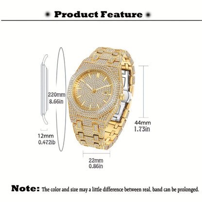 MISS FOX Glam Quartz Watch – Hip Hop Cuban Link, Rhinestone Accents, Luminous Calendar, Alloy Band, Unisex Luxury Fashion Watch for Men & Women, Silver & Gold