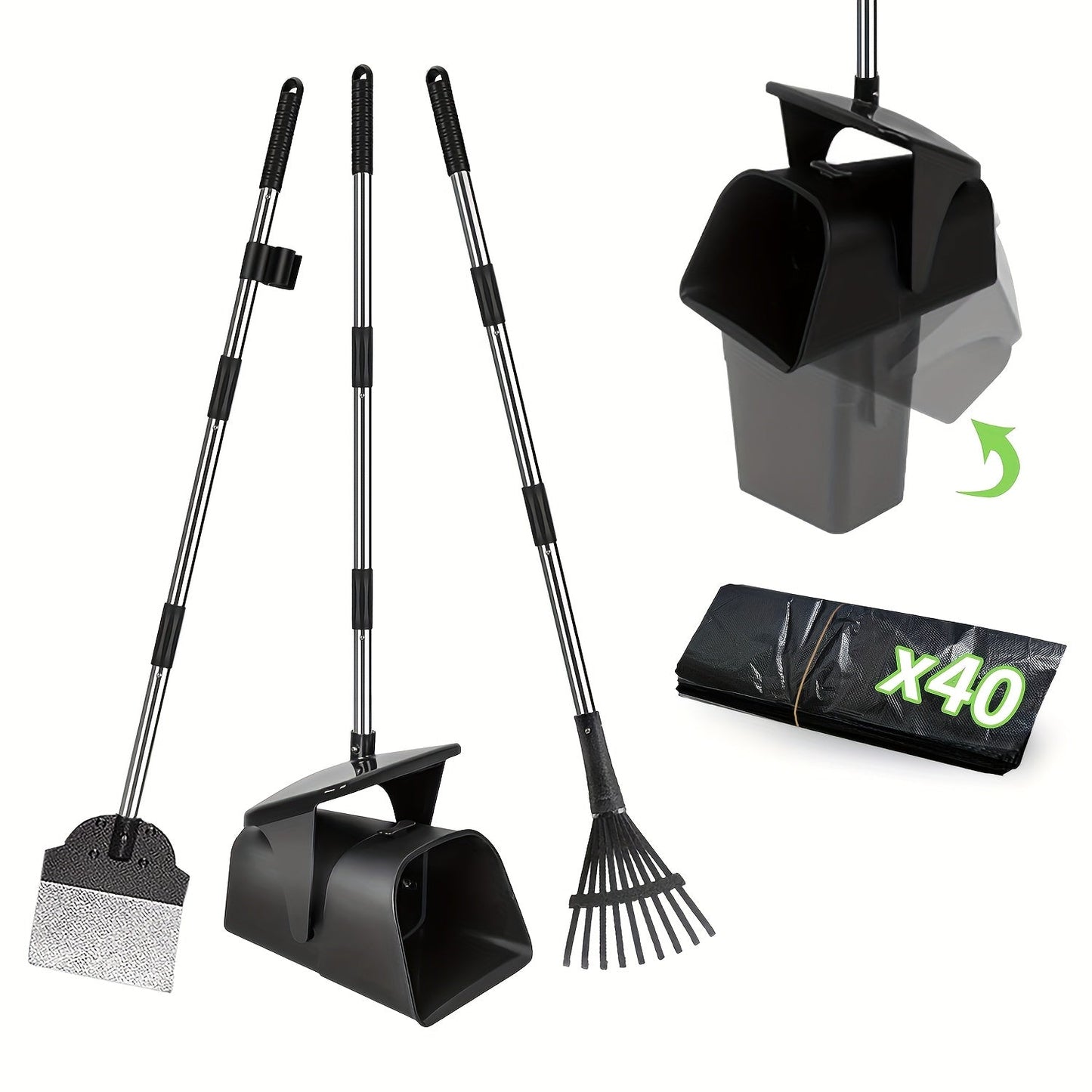 Dog Pooper Scooper Set Heavy Duty with Swivel Bin, Rake & Spade – Long Handle Pet Waste Removal Tool for Grass, Dirt & Gravel, Includes 40 Waste Bags, Great for Large Dogs