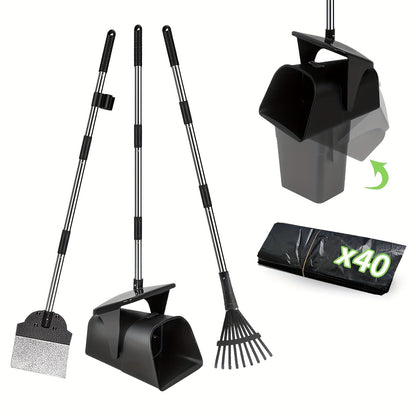 Dog Pooper Scooper Set Heavy Duty with Swivel Bin, Rake & Spade – Long Handle Pet Waste Removal Tool for Grass, Dirt & Gravel, Includes 40 Waste Bags, Great for Large Dogs