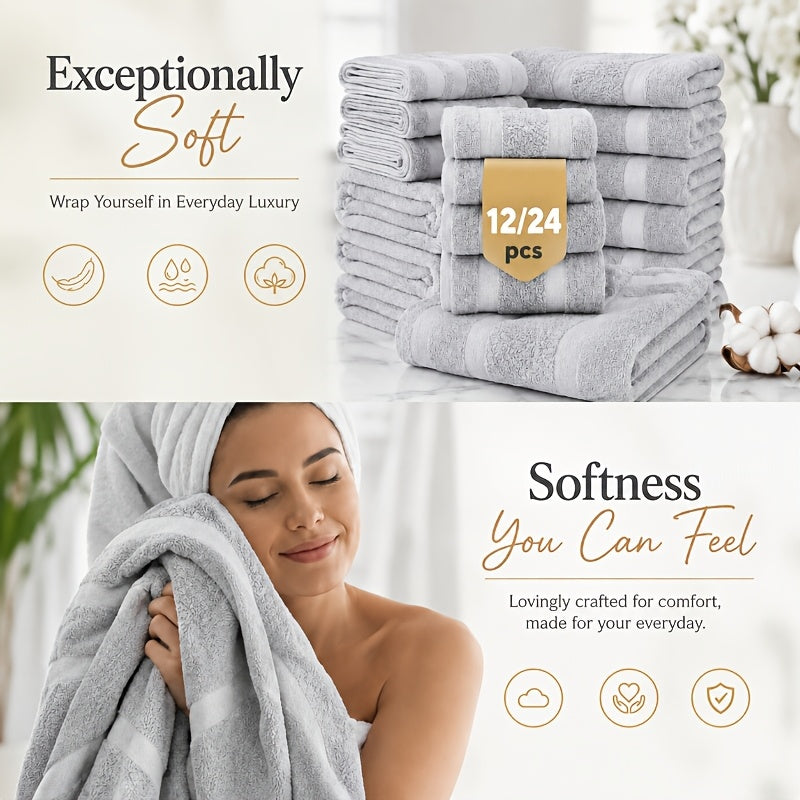 Cotton Bath Cloths Set 12 or 24 Piece – Hotel Quality Highly Absorbent Quick-Dry Washcloths for Bathroom Spa Gym Home Dark Gray Blue White Purple Orange