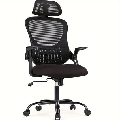 Ergonomic High Back Mesh Office Chair with Adjustable Headrest, Lumbar Support & Flip-Up Armrests – Stainless Steel Frame, Padded Seat, 5-Wheel Rolling Base – Home Office, Lab & Desk Chair (Black/Gray)