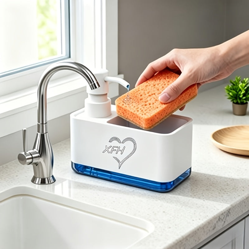2-in-1 Soap Dispenser with Built-In Sponge Holder for Kitchen Sink – Countertop Pump Dispenser for Hand & Dish Soap, Detergent Dispenser, Easy Refill, Ideal Kitchen Organizer