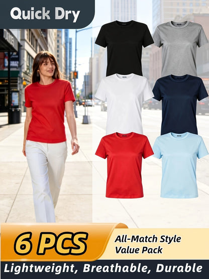 Women's 6-Pack Performance T-Shirts Breathable Moisture-Wicking Skin-Friendly Workout Tees for Outdoor Sports Gym Everyday Comfort – Mixed Colors XS-XXL
