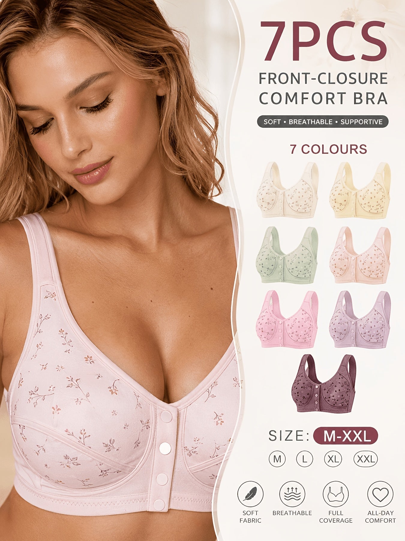 7 Pack Seamless Wireless Bra Set for Women – Soft Front Button Bralettes, No Underwire, Comfortable & Breathable for Daily Wear, Yoga, Travel & Festivals, Sizes S-XXL