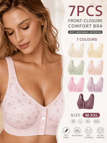 7 Pack Seamless Wireless Bra Set for Women – Soft Front Button Bralettes, No Underwire, Comfortable & Breathable for Daily Wear, Yoga, Travel & Festivals, Sizes S-XXL