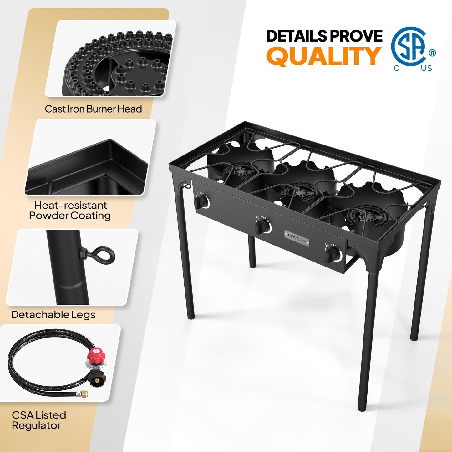 High Pressure Propane Burner Stove 100,000-225,000 BTU - Heavy Duty Cast Iron Outdoor Camp Cooker with Detachable Legs, CSA Listed Regulator, 1 or 3 Burner for Camping, Tailgating & Brewing