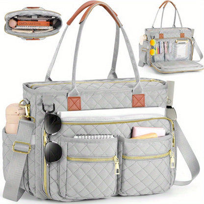 Women's Diamond Pattern Tote Bag – Multi-Compartment Laptop Work Bag, Wear-Resistant Commuter Teacher Bag, Stylish Professional Shoulder Bag for Office, School & Travel