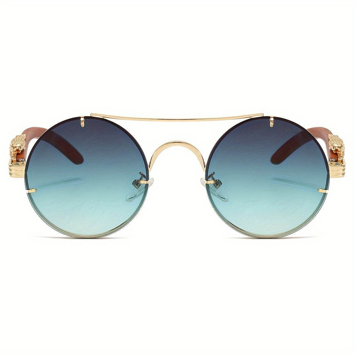 Round Metal Frame Gradient Sunglasses for Men & Women – Luxury Double Bridge, Leopard Detail Hinges, Gradient PC Lenses, Includes Case, Chic Vacation & Street Style Eyewear