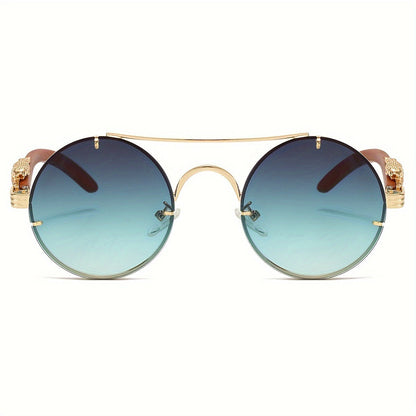 Round Metal Frame Gradient Sunglasses for Men & Women – Luxury Double Bridge, Leopard Detail Hinges, Gradient PC Lenses, Includes Case, Chic Vacation & Street Style Eyewear