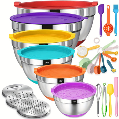 26-Piece Stainless Steel Mixing Bowls Set with Airtight Lids 3 Grater Attachments Non-Slip Bottoms 6 Sizes 7 4 2.5 2.0 1.5 1QT for Mixing Serving Baking Kitchen