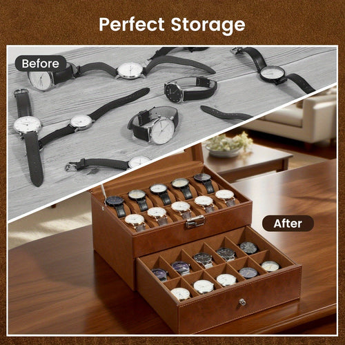 20 Slot Watch Box Organizer Double Layer with Solid Glass Cover Velvet Pillow Lining Watch Display Case for Collection and Storage Men Women Watch Collector Gift in Brown Black and Gray