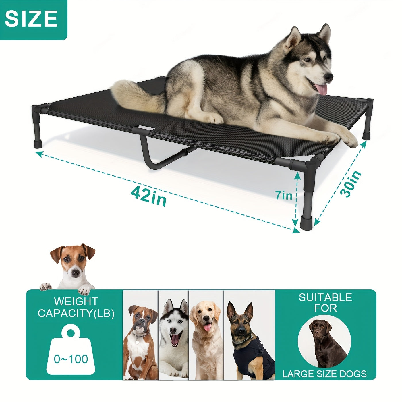 Cooling Elevated Dog Bed & Outdoor Dog Cot - Raised Pet Bed with Washable Breathable Mesh, No-Tool Assembly, Anti-Slip Feet for Large, Medium & Small Dogs, Indoor Outdoor Use
