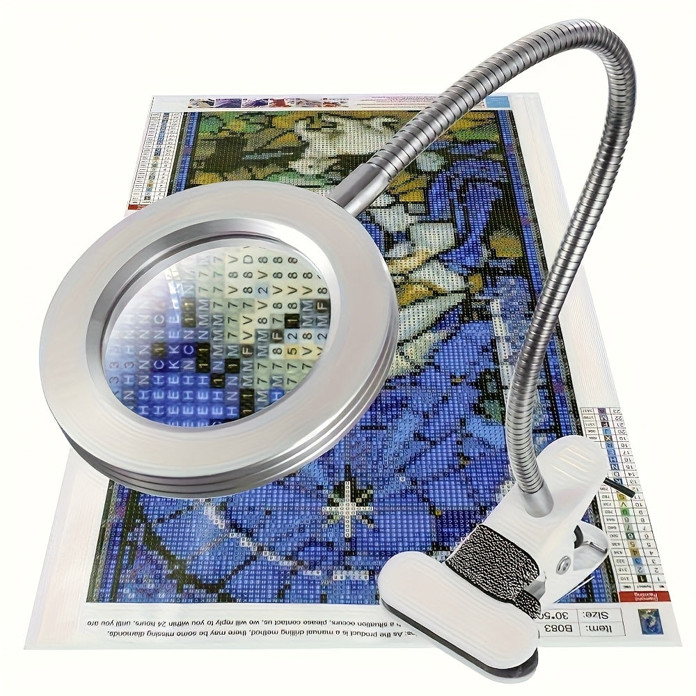 Diamond Painting Magnifier LED Clamp Lamp 10X Hands-Free – USB 5V, 3 Color Modes, 10 Brightness Levels, 18'' Flexible Gooseneck, Clamp Desk Light for Crafts Sewing Jewelry Embroidery Reading