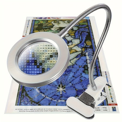 Diamond Painting Magnifier LED Clamp Lamp 10X Hands-Free – USB 5V, 3 Color Modes, 10 Brightness Levels, 18'' Flexible Gooseneck, Clamp Desk Light for Crafts Sewing Jewelry Embroidery Reading