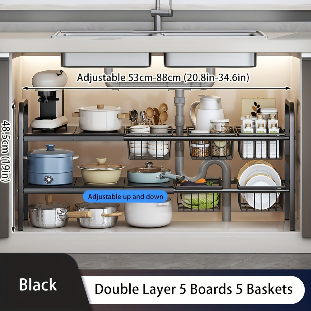 2-Tier Expandable Under Sink Organizer – Adjustable Cabinet Shelf with Detachable Panels & Baskets for Kitchen & Bathroom Storage, Holds Cleaning Supplies, Toiletries & More, 3 or 5 Plate Options