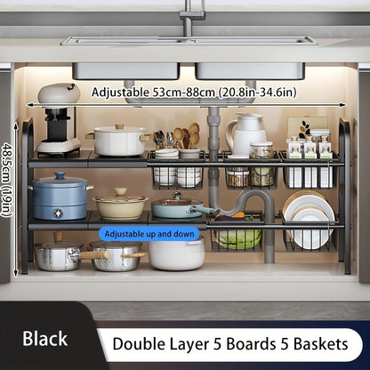 2-Tier Expandable Under Sink Organizer – Adjustable Cabinet Shelf with Detachable Panels & Baskets for Kitchen & Bathroom Storage, Holds Cleaning Supplies, Toiletries & More, 3 or 5 Plate Options