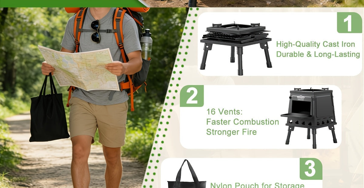 Portable Wood Burning Camp Stove with BBQ Scissors - Lightweight Outdoor Hiking Cookstove & Picnic Grill Set for Travel Camping