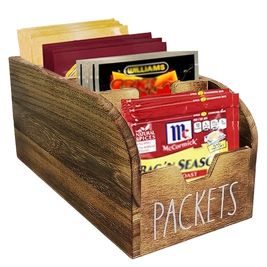 Wooden Divided Spice Box Vintage Rustic Kitchen Countertop Organizer, Multi-Compartment Storage Container for Seasoning Bags, Tea Bags, Coffee & Snacks, Space-Saving Home Decor Display Rack
