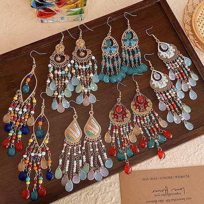 6-Pair Bohemian Tassel Earrings Set for Women – Vintage Beaded Dangle Earrings with Teardrop & Round Beads, Multicolor Boho Statement Jewelry, Lightweight Alloy Hoops for Parties & Vacations