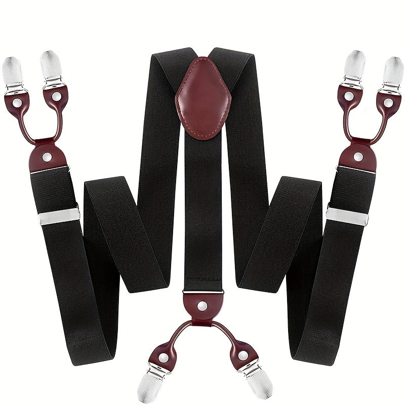 Men's Suspenders Y-Back PU Leather Heavy Duty Suit Brace with 6 Metal Clips – Adjustable Elastic Vintage Style, Black Gray Navy Blue White Coffee Beige Wine Red, Casual & Formal Wear