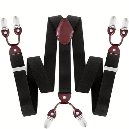 Men's Suspenders Y-Back PU Leather Heavy Duty Suit Brace with 6 Metal Clips – Adjustable Elastic Vintage Style, Black Gray Navy Blue White Coffee Beige Wine Red, Casual & Formal Wear