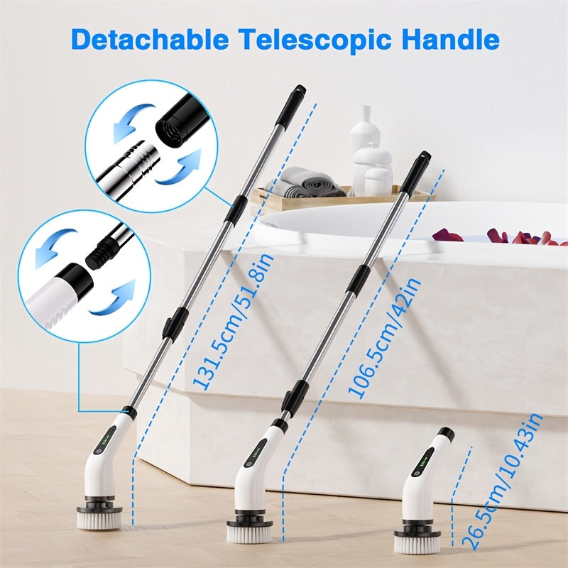 Electric Spin Scrubber Cordless 7-in-1 Cleaning Brush with 7 Replaceable Heads Dual Speed Adjustable Detachable Telescopic Handle for Bathroom Tile Tub Kitchen Car Floor Grout Scrubbing