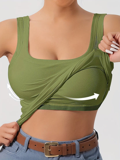 Women's Scoop Neck Tank Top Removable Chest Padding Slim Fit Casual Summer Sleeveless Top 8 Colors XS-XL Built-In Bra