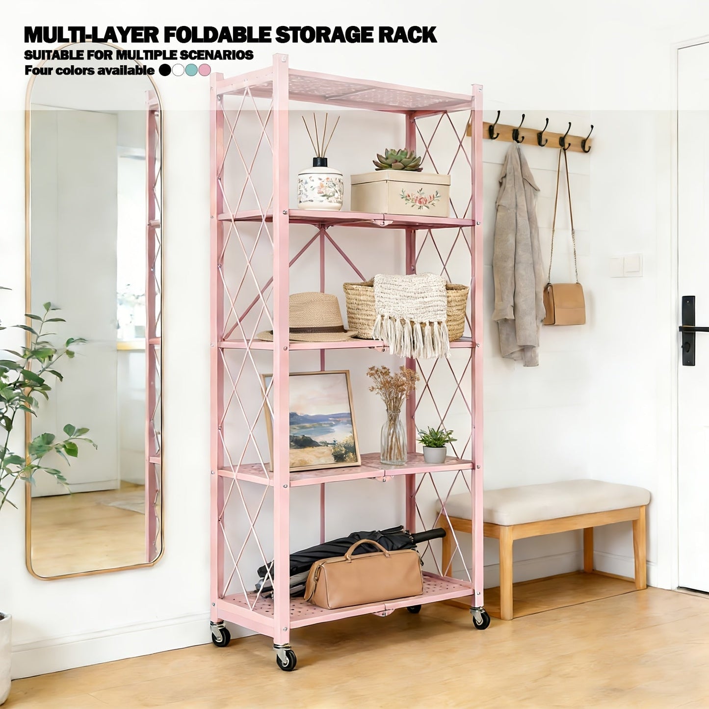 Heavy Duty Folding Storage Rack with Wheels – 3/4/5-Tier Portable Floor-Standing Shelf, No Assembly Required, for Home, Office, Bedroom & Dorm, 4 Colors Available