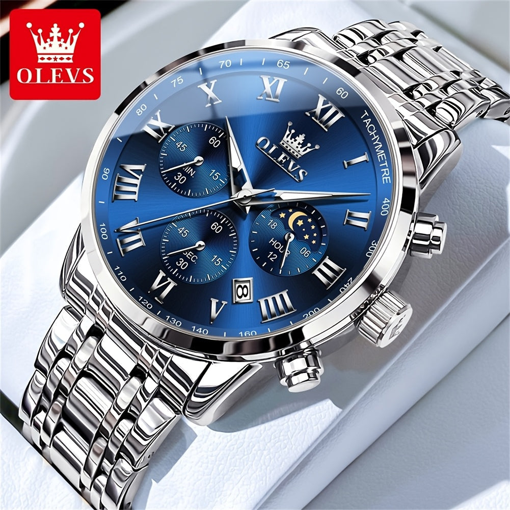 OLEVS Men's Luxury Stainless Steel Watch – Chronograph, Roman Numerals, Moon Phase Display, Luminous Analog Quartz Dress Watch for Men, 8 Color Options, Perfect Business & Gift Watch