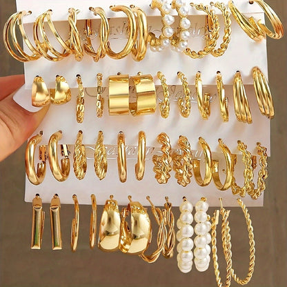 48pcs Geometric Hoop Earrings Set for Women – Boho Metal Wide Hoop Faux Earrings Bulk Pack, Simple Stylish Jewelry for Vacation, Dating, Daily Wear & Gift Matching