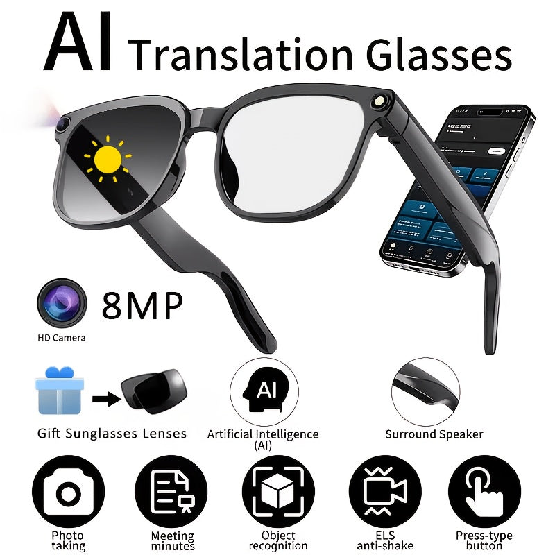 AI Smart Glasses with 8MP HD Camera Touch Control ChatGPT Real-Time Translation Wireless Calling Blue Light Protection Noise Reduction Dual Mics Photochromic Lens for Cycling Driving Travel Office