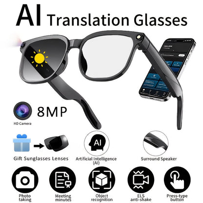 AI Smart Glasses with 8MP HD Camera Touch Control ChatGPT Real-Time Translation Wireless Calling Blue Light Protection Noise Reduction Dual Mics Photochromic Lens for Cycling Driving Travel Office