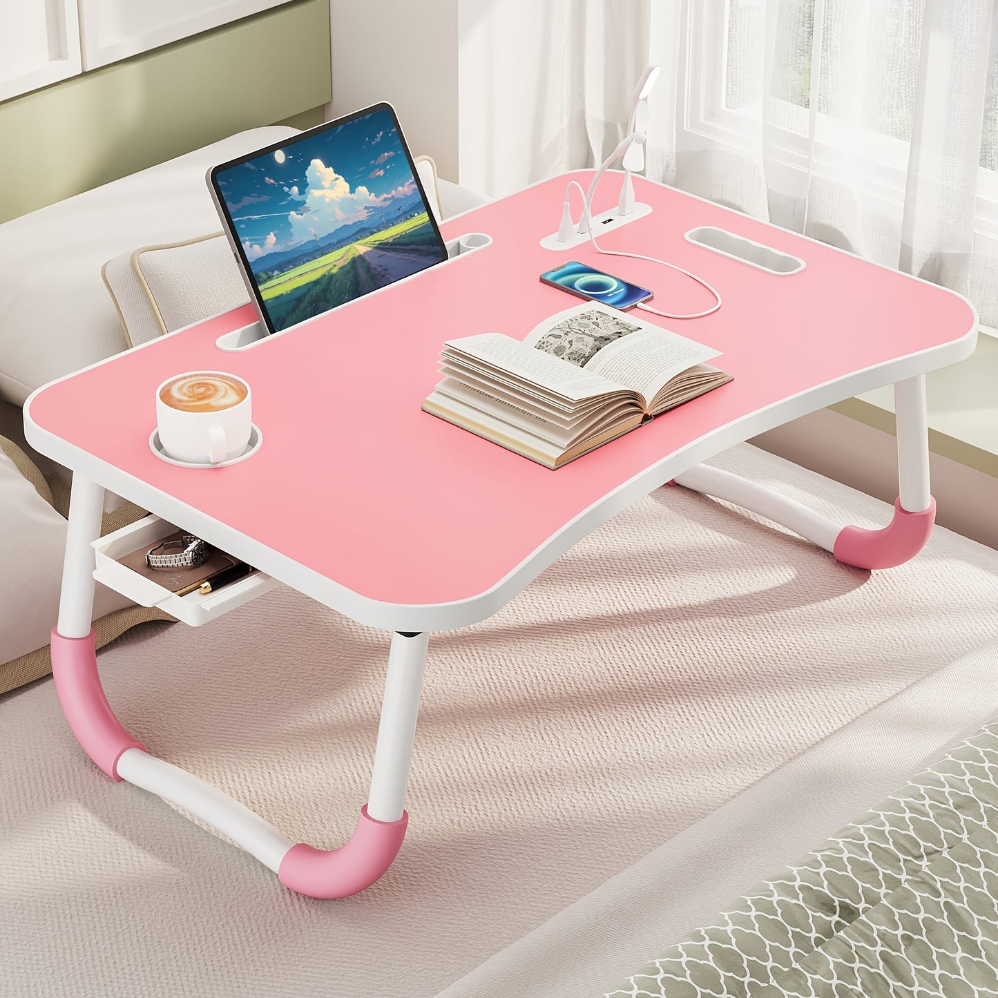 Lap Desk Bed Tray for Laptop & Eating – Large Breakfast Tray with Cup Holder & Drawer for Sofa Couch Floor Sitting, Study Reading Writing Portable Lap Table