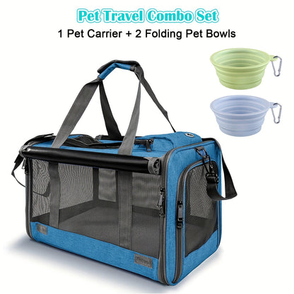 Airline Approved Pet Carrier Soft Sided – Breathable Collapsible Travel Bag for Cats & Small Dogs with Accessories Bundle Collar Bowls or Pet Glove 10 Colors Pink Blue Black Gray Navy Green Orange