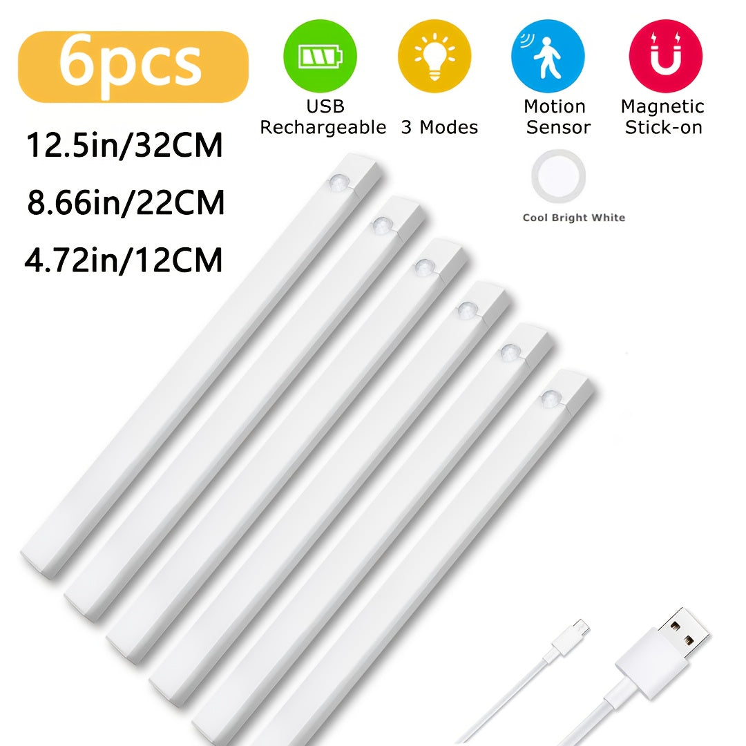 6pcs Smart LED Motion Sensor Cabinet Light – USB-C Rechargeable, 3 Adjustable Modes, Magnetic Mount, Wireless Night Light for Kitchen, Closet, Bedroom, Stairs, Hallway & Bathroom