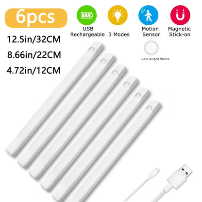 6pcs Smart LED Motion Sensor Cabinet Light – USB-C Rechargeable, 3 Adjustable Modes, Magnetic Mount, Wireless Night Light for Kitchen, Closet, Bedroom, Stairs, Hallway & Bathroom
