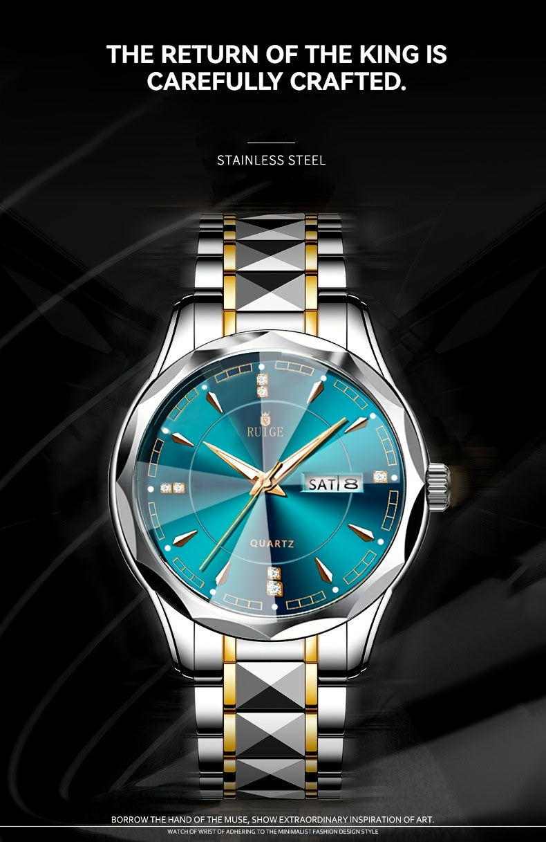RUIGE Men's Fashion Quartz Watch – Night Light, Dual Calendar, Diamond Shaped Mirror Dial, Stainless Steel Case, Alloy Strap, Business Casual Wristwatch, Perfect Father's Day Gift for Men
