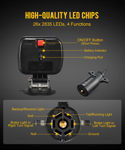 Wireless Magnetic Trailer Light Kit 26 LED Towing Tail Lights with 7-Pin Plug – Stop Turn Brake Backup Reverse IPX5 Waterproof 100FT Range for Trucks & Trailers 12-24V